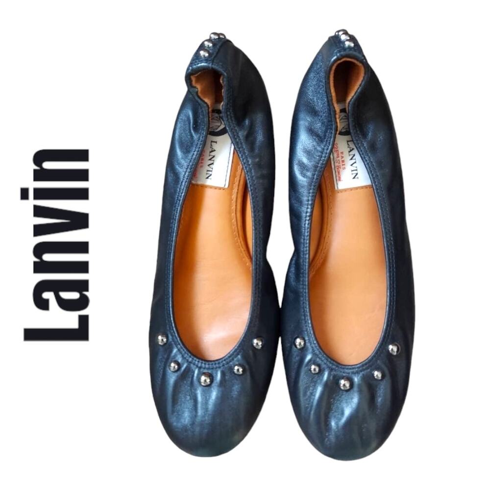 Lanvin Paris Classic Black Leather Silver Studded Ballet Flats Size 37/6.5 Moto